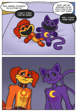 anthro black_eyes comic_panel duo fur male male/male orange_body plushie purple_body simple_background smile solo speech_bubble tail text white_eyes yellow_body yellow_fur dirtygum mob_entertainment poppy_playtime smiling_critters catnap_(poppy_playtime) dogday_(poppy_playtime) canid canine canis domestic_cat domestic_dog felid feline felis mammal absurd_res comic english_text hi_res