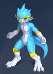 anthro blue_body claws feet fin looking_at_viewer male nude paws simple_background solo standing tail thin_calves thin_legs thin_thighs toes fishy_fizz mythology aquatic_dragon dragon marine mythological_creature mythological_scalie scalie digital_media_(artwork) hi_res