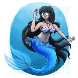 bare_shoulders blue_body blue_scales bra breasts brown_hair cleavage clothed clothing eyewear female gem geometric_background glasses hair jewelry long_hair mermaid_tail navel necklace open_mouth open_smile pearl_(gem) pearl_bracelet pearl_necklace scales seashell_bra seashell_necklace simple_background smile solo split_form strapless_bra strapless_clothing strapless_underwear underwater underwear water wearing_glasses king-kakapo aquatic humanoid_merfolk merfolk 1:1 2017 hi_res