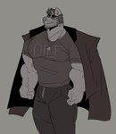 anthro bottomwear brown_monochrome clothed clothed_anthro clothed_male clothing dog_tags eyewear glasses jacket_on_shoulders male male_anthro muscular muscular_anthro muscular_male pants shirt smile solo standing t-shirt three-quarter_view topwear melaisen bau_(melaisen) akita american_akita canid canine canis domestic_dog mammal spitz 2021 absurd_res digital_drawing_(artwork) digital_media_(artwork) hi_res portrait three-quarter_portrait nonbinary_(lore)