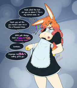 anthro apron breasts brown_body brown_fur clothing dialogue female fur implied_hypnosis maid_uniform nipples offscreen_character open_mouth profanity simple_background solo standing tail text uniform maynara seventy-three lagomorph leporid mammal rabbit 2026 digital_media_(artwork) english_text hi_res trans_(lore) trans_man_(lore)