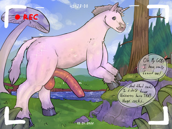 animal_genitalia animal_penis balls big_balls big_penis camera_overlay camera_view equine_genitalia equine_penis feral fungus fur genitals horn male mushroom nature nature_background penis recording_symbol river sky solo text toony water white_body white_fur chalaren mythology equid equine mammal mythological_creature mythological_equine unicorn 4:3 english_text hi_res