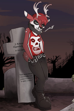 2_horns anthro antlers biped black_bottomwear black_clothing black_footwear black_nose black_pants black_shoes bottomwear breasts brown_body brown_fur brown_hair cemetery cigarette cigarette_in_mouth clothed clothing countershade_face countershade_fur countershade_torso countershading female footwear fur hair half-closed_eyes hand_in_pocket horn looking_at_viewer multicolored_body narrowed_eyes neck_tuft night object_in_mouth outside pants pockets red_clothing red_shirt red_topwear scut_tail shirt shoes short_hair short_tail skull_tattoo small_breasts smoking smoking_cigarette solo tail tattoo text tombstone topwear tuft two_tone_body white_body white_countershading white_fur fuf deer mammal 2019 2:3 english_text hi_res