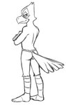 anthro asian_clothing barefoot butt clothed clothing crossed_arms east_asian_clothing facing_rear feet fundoshi japanese_clothing male simple_background smile solo topless underwear white_background thegreatmatsutzu nintendo star_fox falco_lombardi avian bird black_and_white monochrome sketch