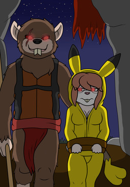 anthro armor bottomwear breasts brown_body brown_fur captured cave clothed clothing duo female fur glowing grin hair kigurumi loincloth male onesie scared simple_background size_difference smile weapon wildwolfproduction emma_(chocochu) mammal mouse murid murine rat ratmen rodent hi_res