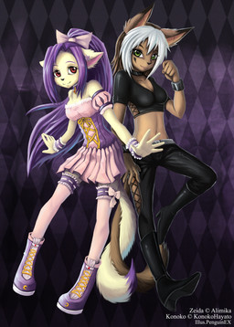 alternative_fashion anthro biped black_bottomwear black_clothing black_pants black_topwear boots bottomwear brown_body brown_fur brown_hair closed_smile clothed clothing dipstick_ears duo ear_markings female footwear fur glistening glistening_eyes goth green_eyes hair high_heeled_boots high_heels j-fashion lolita_(fashion) looking_at_viewer markings mouth_closed multicolored_ears pants pattern_background pink_bottomwear pink_clothing pink_skirt purple_boots purple_bottomwear purple_clothing purple_footwear purple_hair purple_skirt red_eyes shoes simple_background skirt smile standing tail text topwear white_hair yellow_body yellow_fur penguinexperience domestic_cat felid feline felis mammal artist_name hi_res