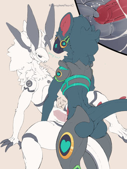 ambiguous_fluids animal_genitalia animal_penis anthro armor athletic blue_body blue_eyes blue_fur butt canine_genitalia canine_penis claws docking duo from_front_position fur genital_slit genitals grey_body grey_fur heart_symbol internal lying machine male male/male missionary_position neck_tuft on_back penetration penile penis red_body red_fur red_penis seductive sex slit_penetration slit_play small_waist thick_thighs touching_penis tuft visor white_body white_fur 0grapheneheart0 fox_becket kenzo_(protogen) canid canine mammal protogen 3:4 absurd_res hi_res