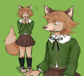alternate_species anthro bottomwear bow_tie brown_bottomwear brown_clothing brown_ears brown_hair brown_skirt clothing fangs female feminine footwear green_background hair shoes simple_background skirt socks solo teeth tongue tongue_out topwear white_inner_ear squishfruit danganronpa danganronpa:_trigger_happy_havoc spike_chunsoft chihiro_fujisaki canid canine fox mammal 2025 colored digital_drawing_(artwork) digital_media_(artwork) shaded male_(lore)