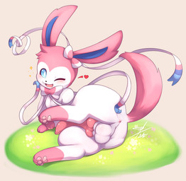 3_fingers 3_toes animal_genitalia animal_penis anus balls big_ears big_penis black_nose blue_inner_ear blue_sclera blush blush_lines bow_(anatomy) canine_genitalia canine_penis feet feral fingers fur genitals glistening glistening_balls glistening_eyes glistening_genitalia gloves_(marking) grass hair_bow_(anatomy) half-erect heart_symbol knot knotted_penis leg_markings looking_at_viewer lying male male_feral markings multicolored_body multicolored_fur on_side one_eye_closed open_mouth open_smile pawpads paws penis pink_anus pink_body pink_fur pink_pawpads pink_penis pink_tail plant quadruped ribbons_(anatomy) smile socks_(marking) solo spread_anus spreading tail toes tongue two_tone_body two_tone_fur white_balls white_body white_eyes white_fur wink winking_at_viewer lotte_cherman nintendo pokemon canid eeveelution generation_6_pokemon mammal pokemon_(species) sylveon 2025 absurd_res digital_drawing_(artwork) digital_media_(artwork) hi_res signature