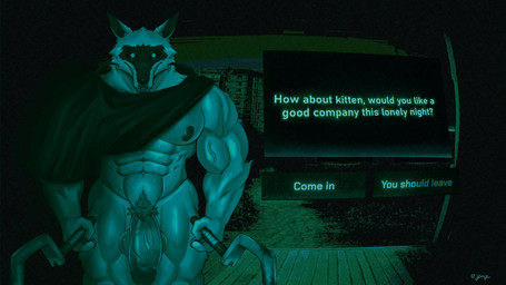 abs anthro balls biceps big_muscles big_penis black_cape black_clothing black_nose black_sclera bottomless camera_view cape casual_exposure cheek_tuft cloak clothed clothing creepy creepy_smile dialogue dialogue_box doorbell_camera dual_wielding facial_markings facial_tuft floor front_view fuzzy gameplay_mechanics genitals glowing glowing_eyes grin head_markings holding_object holding_sickle holding_weapon humanoid_genitalia humanoid_penis intimidation looking_at_viewer male markings mask_(marking) mostly_nude_anthro mostly_nude_male muscular muscular_anthro muscular_arms muscular_legs muscular_male muscular_thighs night night_vision nipples outside partially_clothed pecs penis poncho porch pubes question_mark scary sharp_teeth sickle smile solo standing teeth text text_box thick_penis tuft vein veiny_arms veiny_muscles veiny_penis weapon white_eyes wood wood_floor jirux dreamworks no_i'm_not_a_human puss_in_boots_(franchise) death_(puss_in_boots) canid canine canis mammal wolf 16:9 2025 4k absurd_res english_description english_text hi_res widescreen