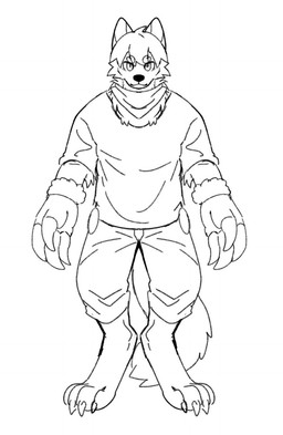 anthro bottomwear cheek_tuft clothed clothing eyebrow_through_hair eyebrows facial_tuft front_view hair kerchief looking_at_viewer male mouth_closed neckerchief neckwear shirt shorts simple_background solo standing t-shirt topwear translucent translucent_hair tuft unsigned asnnonaka canid canine canis mammal wolf black_and_white full-length_portrait hi_res monochrome portrait sketch