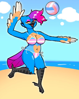 anthro beach beak big_breasts bikini black_beak blue_body breasts clothed clothing cloud eyeliner eyeshadow feathered_wings feathers feet female highlights_(coloring) lgbt_pride makeup navel non-mammal_breasts non-mammal_navel playing pride_colors raised_arm sand scuted_legs scutes sea slightly_chubby slightly_chubby_anthro slightly_chubby_female solo sport summer swimwear talons thick_thighs toes transgender_pride_colors two-piece_swimsuit volleyball water wide_hips winged_arms wings unknown_artist breezy_(bluebirdbreeze) avian bird 4:5 hi_res trans_(lore) trans_woman_(lore)
