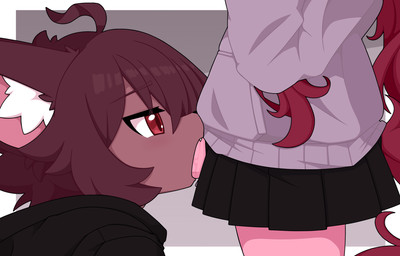 anthro anthro_on_anthro bodily_fluids bottomwear brown_body brown_eyes brown_fur brown_hair clothed clothed_sex clothing deep_throat erection fellatio fully_clothed fur genitals gynomorph gynomorph/male hair half-closed_eyes hoodie humanoid_genitalia humanoid_penis intersex intersex/male long_hair long_penis male narrowed_eyes oral oral_penetration penetration penile penis penis_in_mouth penis_nursing penis_poking_out penis_through_fly pink_body pink_fur red_hair saliva saliva_on_penis sex simple_background skirt topwear unzipped_skirt km-15 animal_humanoid felid felid_humanoid feline feline_humanoid humanoid mammal mammal_humanoid hi_res