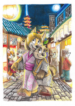 anthro arm_around_shoulders blonde_hair closed_smile clothed clothing female female_anthro fur grey_body grey_fur group hair head_tuft lamp lantern male male_anthro moon mouth_closed night open_mouth open_smile orange_body orange_fur outside smile star tuft white_body white_fur yellow_body yellow_fur young young_anthro young_male pandapaco bear canid canine giant_panda mammal