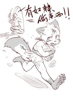 4_toes anthro bottomwear bread chain_collar claws clothing collar duo escape feet food fur fur_markings knife loincloth male markings pawpads running shota simple_background slave solo_focus text thief toe_claws toes young young_anthro young_male teien canid canine fox human mammal absurd_res chinese_text digital_media_(artwork) hi_res monochrome