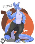 absurd_res anthro aquatic_dragon arador_(aradortd) aradortd blue_body bottomwear bulge clothed clothing detailed_bulge dragon ellipsis english_text furgonomics furry-specific_piercing genital_outline green_eyes hi_res male marine meme mythological_creature mythological_scalie mythology no_nut_november open_mouth pants penis_outline piercing question_mark scalie solo sweatpants tail tail_piercing text topless