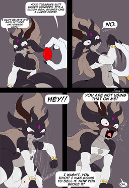ambiguous_gender anthro bulge butt clothing detailed_bulge dialogue duo feet femboy grey_background hair holding_object horn male open_mouth simple_background speech_bubble tail text thick_thighs toes white_clothing conditional_dnp suirano amargon_(suirano) scalie 2026 comic digital_media_(artwork) english_text hi_res