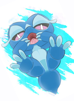 ambiguous_gender blue_arms blue_body blue_fingers blue_legs blue_tail bodily_fluids featureless_crotch feet looking_at_viewer mouth_shot narrowed_eyes open_mouth pink_tongue saliva saliva_string soles solo tail tongue rusho nintendo pokemon gecqua generation_10_pokemon pokemon_(species) hi_res