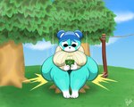 anthro big_breasts big_butt black_eyes blue_body blue_fur blue_hair bottom_heavy bottomless breasts butt clothed clothing dipstick_limbs electronics female front_view fur hair holding_object holding_phone huge_butt nipple_outline phone rosy_cheeks short_hair sitting sitting_on_another solo tan_clothing tan_sweater tan_topwear thick_thighs topwear white_body white_fur wide_hips supermoonshroom animal_crossing nintendo bluebear_(animal_crossing) bear mammal absurd_res hi_res