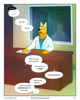 5_fingers anthro blue_clothing blue_shirt blue_topwear bodily_fluids bold_text book border clothing coat desk dialogue doctor eyebrows fingers furniture italic_text male offscreen_character reflection shirt smiley_face solo speech_bubble sweat table text topwear under_table white_border white_clothing white_coat white_topwear window worried sharkinthepark dr_knot_(sharkinthepark) canid canine mammal 2026 4:5 absurd_res comic english_text hi_res