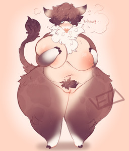 anthro areola big_breasts blep blue_eyes blush blush_lines breasts brown_body brown_fur covering covering_breasts eyelashes facial_piercing female fur genitals hair hair_over_eyes hairy_vulva hip_tuft hooves horn huge_breasts huge_thighs navel neck_tuft nipple_piercing nipples nose_piercing nose_ring nude overweight overweight_female piercing pink_background pubes ring_piercing ruff simple_background solo sparkles sparkling_hair sparkling_tail tail tail_tuft text thick_thighs tongue tongue_out tuft vulva wide_hips vetarix bovid bovine cattle highland_cattle mammal 2020 absurd_res english_text hi_res