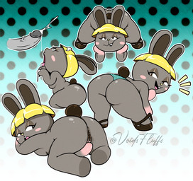 anthro anus bent_over big_butt bite biting_lip black_eyes blonde_hair blue_background blush blush_stickers breasts brown_body brown_fur buckteeth butt cotton_tail disembodied_penis eyelashes female fur genitals glistening_eyelids gloves_(marking) gradient_background grey_body grey_fur hair humanoid_genitalia humanoid_penis long_eyelashes looking_at_viewer looking_back looking_back_at_viewer markings masturbation open_mouth open_smile pattern_background penis pink_body pink_fur rear_view short_hair side_view simple_background smile solo teeth thick_thighs vulva white_background wide_hips yellow_nose voidsdroids animal_crossing nintendo bonbon_(animal_crossing) lagomorph leporid mammal rabbit hi_res