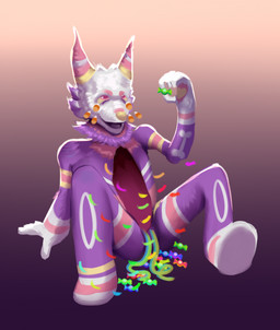 anthro bodily_fluids candy candy_corn candy_gore crying dessert food gore gradient_background humanoid_hands male pinata purple_body simple_background sitting sitting_on_ground solo spread_legs spreading tears white_body yungjayfox animate_inanimate living_pinata 2024 digital_drawing_(artwork) digital_media_(artwork) hi_res