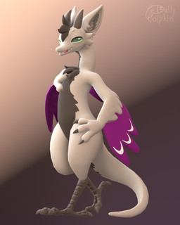 anthro claws dialated_pupils ear_tuft feathers female fur grin horn inner_ear_fluff licking licking_lips narrowed_eyes pose smile solo tail toe_claws tongue tongue_out tuft wings dailydolphin dromeowyrm 3d_(artwork) 4:5 blender_(artwork) blender_eevee_(artwork) digital_media_(artwork) hi_res pinup