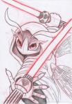 anthro clothing dual_wielding female heart_symbol holding_object holding_weapon insect_wings lightsaber melee_weapon red_eyes red_lightsaber robe solo weapon wings halgalaz kirby_(series) nintendo star_wars queen_sectonia arthropod bee hymenopteran insect restricted_palette