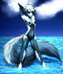 anthro biped breasts canid canine clothed clothing cloud cool_colors female fennec_fox fluffy fluffy_tail fox long_tail mammal night nipple_tape otania pacmancorp pasties red_eyes skimpy slim solo standing star tail tape topless true_fox water