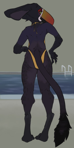 anthro back-tie_clothing back-tie_swimsuit backless_clothing backless_swimsuit beak butt claws clothing digitigrade female long_ears long_tail looking_back multicolored_beak one-piece_swimsuit open-back_swimsuit poolside pupils rear_view sideless_clothing sideless_swimsuit slim slit_pupils solo spots swimwear tail water katlin mythology mira_(wetchop) aracari avian bird felid gryphon hybrid leopard mammal mythological_avian mythological_creature pantherine piciform toucan absurd_res hi_res