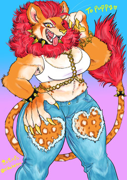 accessory alternative_fashion anthro arm_tuft armpit_hair big_breasts biped blue_bottomwear blue_clothing blue_pants body_hair bottomwear bra bracelet breasts chain claws cleavage clothed clothing collar crop_top denim denim_bottomwear denim_clothing ear_piercing ear_ring elbow_tuft eyelashes facial_piercing fangs female finger_claws fingers fur furgonomics gold_(metal) gold_jewelry gold_tooth gradient_background hair hand_on_hip heart_symbol inner_ear_fluff jeans jewelry looking_at_viewer makeup mane markings midriff multicolored_body multicolored_fur muscular muscular_anthro muscular_female navel neck_tuft nose_piercing open_mouth open_smile orange_body orange_fur pants pawpads paws piercing punk red_body red_fur red_hair ring ring_piercing sharp_teeth shirt simple_background smile solo spiked_bracelet spiked_collar spikes spots spotted_body spotted_fur standing tail tail_accessory tail_jewelry tail_ring tail_tuft tan_body tan_fur tank_top teeth text thick_thighs tongue tongue_out tongue_piercing topwear torn_bottomwear torn_clothing torn_jeans torn_pants tuft underwear whiskers white_body white_clothing white_fur white_topwear wide_hips yellow_eyes kyokyota felid feline lion mammal pantherine 2021 absurd_res digital_media_(artwork) hi_res portrait three-quarter_portrait