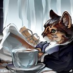 ambiguous_gender anthro cafe coffee_table feral reading_newspaper solo staring_off still_life study suit_jacket heavyrivet domestic_cat felid feline felis mammal 1:1 hi_res meme