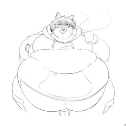 anthro belly belly_peeking_out big_belly chubby_face claws clothed clothing container cup eyes_closed fur hair holding_container holding_cup holding_mug holding_object holding_pillow love_handles male moobs mug obese obese_anthro obese_male open_mouth open_smile overweight overweight_anthro overweight_male pillow smile solo steam wide_hips wllyswrld canid canine canis mammal wolf black_and_white monochrome