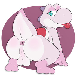 anus backsack balls bedroom_eyes big_butt butt crouching feral genitals gynomorph intersex looking_at_viewer looking_back looking_back_at_viewer narrowed_eyes pink_body puffy_anus raised_tail seductive shell solo tail tail_anus thick_tail tongue tongue_out kerilyn mario_bros nintendo celes_nyx yoshi 1:1 hi_res trans_(lore) trans_woman_(lore)