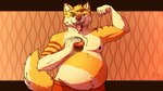 anthro belly big_belly burger clothing facial_piercing flexing flexing_bicep flexing_muscles food fur hair head_tuft looking_at_viewer male navel nipples nose_piercing open_mouth pattern_background piercing purple_spots simple_background slightly_chubby slightly_chubby_anthro slightly_chubby_male smile solo spots spotted_tongue standing stripes teeth tongue tongue_out tuft underwear yellow_body yellow_fur sinser skai canid canine fox mammal 16:9 colored digital_drawing_(artwork) digital_media_(artwork) portrait shaded widescreen