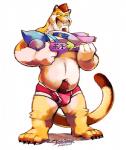 4_toes anthro body_hair briefs bulge clothing facial_hair feet hairy happy_trail male navel plantigrade simple_background slightly_chubby solo toes toy toy_gun underwear water_gun white_background super-tuler puma_tuler cougar felid feline mammal hi_res