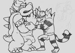 2019 3_toes 5_fingers anthro balls bowser bowserboy101 collar digital_media_(artwork) eye_contact eyebrows feet fingers generation_7_pokemon genitals grey_background grin hair horn humanoid_genitalia humanoid_penis incineroar koopa looking_at_another male mario_bros monochrome nintendo penis pokemon pokemon_(species) scalie shell simple_background smile spiked_collar spiked_shell spikes spikes_(anatomy) teeth thick_eyebrows toes