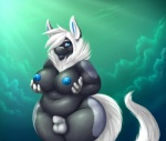 abstract_background animal_genitalia anthro areola balls belly big_breasts big_ears biped black_body black_fur black_lips blue_eyes blue_nipples blue_tongue breast_fondling breast_play breasts chest_tuft facial_piercing flaccid fondling front_view fully_sheathed fur genitals green_background grey_body grey_fur gynomorph hair hair_over_eye hand_on_breast intersex lip_piercing lip_ring lips looking_at_viewer multicolored_body multicolored_fur navel nipple_piercing nipples non-mammal_balls non-mammal_breasts non-mammal_nipples nude one_eye_obstructed penis piercing pose ring_piercing sheath simple_background slightly_chubby solo standing tail thick_lips thick_thighs tongue tuft two_tone_body two_tone_fur white_hair wide_hips vorry eddie_(dessy) alligator alligatorid canid canine crocodilian fox hybrid mammal reptile scalie 2013 detailed pinup