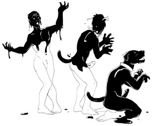 base_one_layout basic_sequence collar erection genitals kneeling latex linear_sequence male one_row_layout penis simple_background solo three_frame_image three_frame_sequence transformation transformation_sequence leucrotta canid canine canis domestic_dog human mammal symbiote monochrome sequence