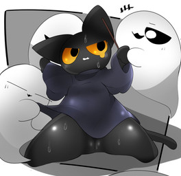 anthro blush bodily_fluids bottomless clothed clothing eyes_closed female female_focus genitals group one_ear_up one_eye_closed open_mouth shirt_grab solo_focus spread_legs spreading sweat topwear vulva yellow_sclera ebi10000000000 google google_doodle magic_cat_academy momo_(google) domestic_cat felid feline felis ghost mammal spirit