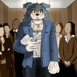 anthro belt clothing elevator female fluffy group holding_object holding_paper nervous paper suit torn_clothing torn_suit yellow_eyes str8aura-no-not-that-one mythology canid canine canis human mammal mythological_canine mythological_creature werecanid werecanine werecreature werewolf wolf 1:1 absurd_res hi_res