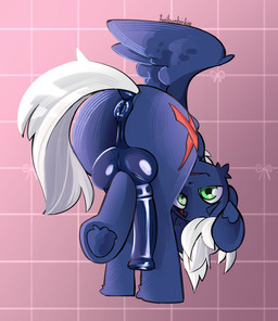 animal_genitalia animal_penis anus ass_up backsack balls big_penis blue_body butt cutie_mark equine_genitalia equine_penis erection feathered_wings feathers feral genitals green_eyes hair hooves looking_at_viewer looking_back looking_back_at_viewer male male_feral pattern_background penis presenting presenting_hindquarters puffy_anus quadruped simple_background solo spread_wings tail unguligrade upside_down white_hair white_tail wings twibinkie hasbro my_little_pony mythology fan_character equid equine mammal mythological_creature mythological_equine pegasus colored digital_media_(artwork) hi_res shaded signature