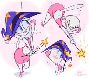 annoyed anthro blush bottomwear butt clothing female fur hat headgear headwear magic_user magic_wand motion_lines pink_clothing purple_eyes smile solo tail topwear white_body white_fur wizard_hat silentjack campbell_(vimhomeless) domestic_cat felid feline felis mammal hi_res signature