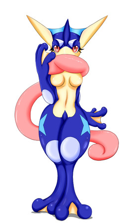anthro blue_body breasts brown_body female looking_at_viewer non-mammal_breasts nude red_eyes simple_background solo standing tongue tongue_out white_background mofumofu nintendo pokemon amphibian generation_6_pokemon greninja pokemon_(species) 2015
