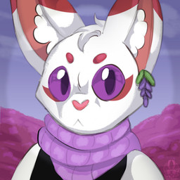 anthro big_ears cloud ear_piercing ear_ring ears_up fluffy fur multicolored_body multicolored_fur piercing pink_nose plant purple_eyes ring_piercing scarf shrub sky solo stare white_body white_fur airymiller canid canine fox mammal 1:1 bust_portrait portrait