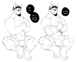 4_toes anthro asking asking_viewer barefoot baseball_cap biceps big_muscles biped bottomwear clothed clothing dialogue facial_hair feet fur hat headgear headwear looking_at_viewer male muscular muscular_anthro muscular_male pants question simple_background solo speech_bubble talking_to_viewer text toes white_background kokukokuboo baker_(kokuhane) canid canine canis domestic_dog mammal black_and_white english_text monochrome sketch