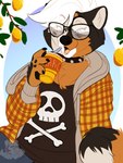 alternative_fashion anthro citrus_tree clothed clothing container cup eyewear female food fruit fruit_tree fur glasses grunge_(fashion) hair handpaw holding_container holding_cup holding_object hoodie lemon lemon_tree multicolored_body multicolored_fur open_mouth paws plaid_hoodie plant print_clothing print_shirt print_topwear shirt short_hair skull_and_crossbones solo tail topwear tree ferwanwan mammal species_request 2022 hi_res watermark