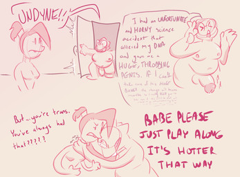 anthro balls belly big_belly big_penis bodily_fluids breasts dialogue door_slam duo eyewear featureless_breasts female genital_fluids genitals glasses grabbing_neck gynomorph gynomorph/female hair intersex intersex/female looking_at_another navel nipples nude overweight overweight_anthro overweight_gynomorph overweight_intersex penis ponytail precum roleplay sparkles speech_bubble text thick_thighs wide_hips vyralewd undertale_(series) alphys undyne animal_humanoid aquatic aquatic_humanoid fish fish_humanoid humanoid lizard reptile scalie comic english_text hi_res trans_(lore) trans_woman_(lore)