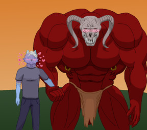 5_fingers abs abstract_background anterior_nasal_aperture anthro back_muscles biceps big_muscles big_pecs biped blue_body blue_bottomwear blue_clothing blue_ears blue_fur blue_pants blush blush_lines bone bottomwear clothed clothing curved_horn deltoids denim denim_bottomwear denim_clothing dot_eyes duo fingers foreskin front_view fur genitals glans grey_clothing grey_nose grey_shirt grey_topwear hair half-erect hand_holding heart_reaction heart_symbol horn huge_muscles huge_pecs humanoid_genitalia humanoid_penis ineffective_clothing ineffective_loincloth jeans loincloth male male/male muscular muscular_arms muscular_humanoid muscular_male navel nipple_piercing nipple_ring nipples obliques open_mouth outside pants pecs penis penis_poking_out piercing purple_body purple_fur quads red_body red_eyes red_glans red_penis red_skin ring_piercing serratus sharp_teeth shirt simple_background simple_eyes size_difference skull skull_head standing t-shirt teeth topless topless_male topwear triceps tusks unretracted_foreskin white_body white_fur white_hair rodin demon domestic_cat felid feline felis humanoid mammal 2021 aliasing digital_media_(artwork) hi_res